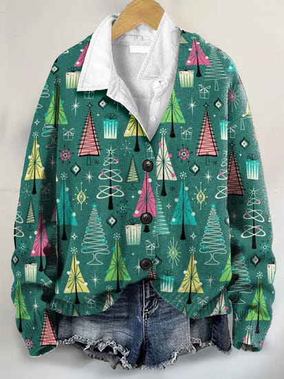 Vintage Christmas Tree Art Print Buttoned V-neck Cardigan Sweater