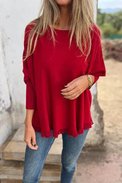 Solid Color Loose Long Sleeve Lace Knitted Sweater