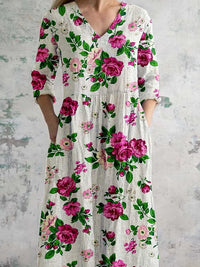 Women's Rose Floral Pattern V-Neck Cotton and Linen Dress with Pockets