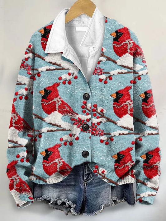 Christmas Red Bird Art Print Buttoned V-neck Cardigan Sweater