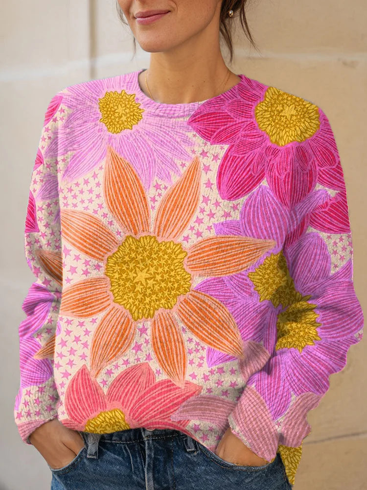 Vintage Flower Art Print Knit Pullover Sweater
