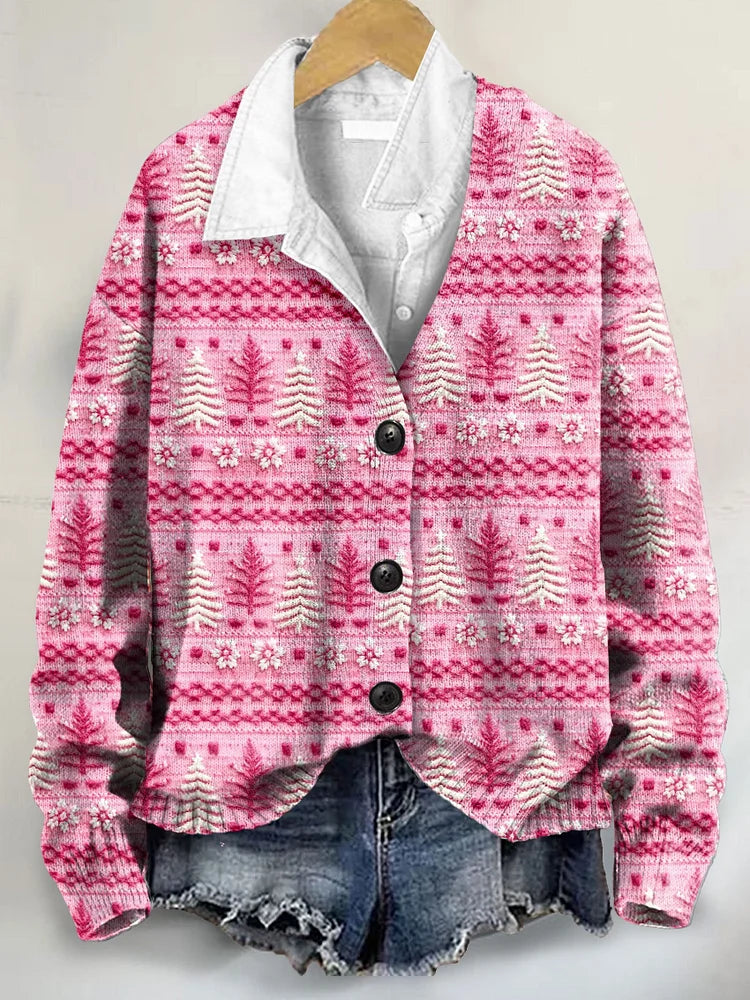 Cute Pink Christmas Tree Art Print Buttoned V-neck Cardigan Sweater