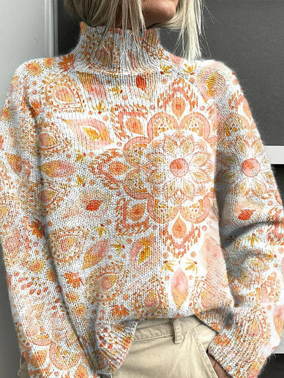 Women's Vintage Floral Pattern Art Print Knitted Turtleneck Pullover Sweater