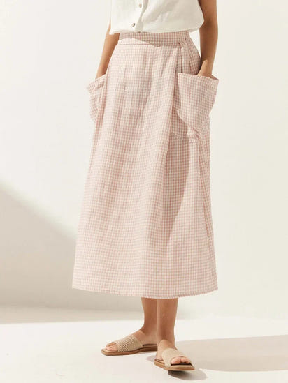 Women'S Linen Check Elastic Waist Skirt