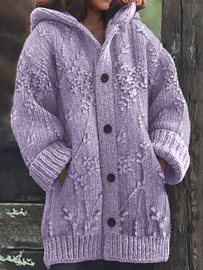 Classy Floral Lace Embroidered Knit Hooded Cardigan