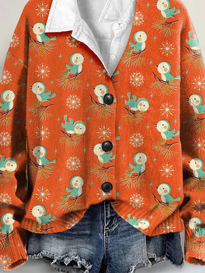 Vintage Cute Christmas Art Print Buttoned V-neck Cardigan Sweater