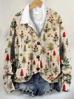 Cute Christmas Tree Art Print Buttoned V-neck Cardigan Sweater