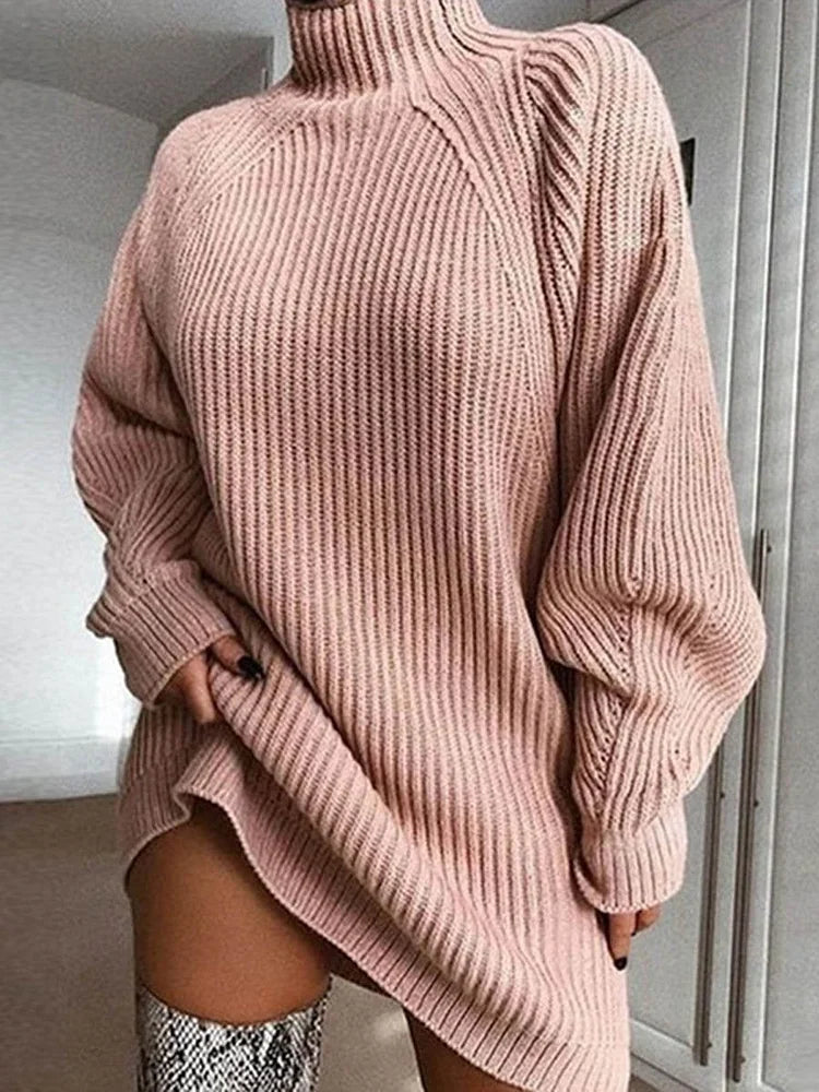 Women's Stylish Casual Fashionable Long Sleeve Knitted Long Turtleneck Sweater Dress