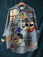 Cute Dog Art Print Casual  Linen Shirt