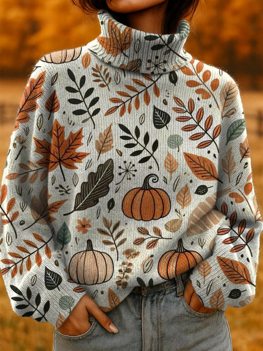 Women's Autumn Pumpkin Print Turtleneck Knit Sweater