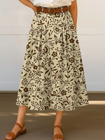 Women's Retro Floral Flowers Print High Waist Casual A-Line Skirt