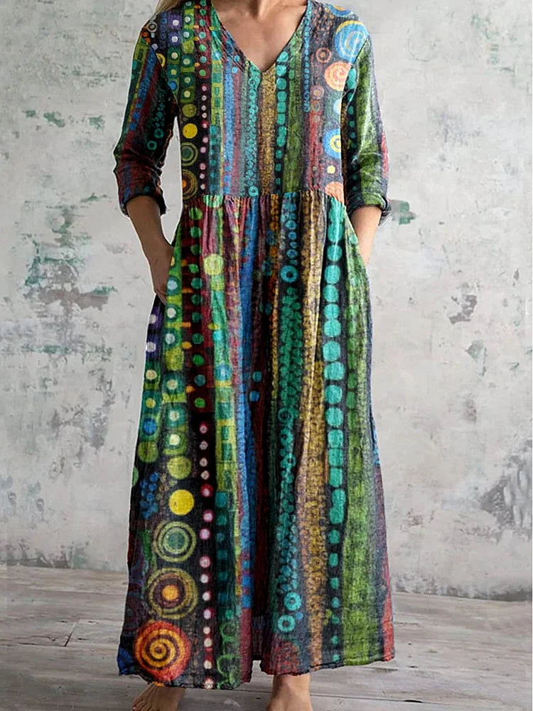 Women's Vintage Bohemian Pattern V Neck Dress with Pockets