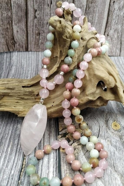 108 Natural Amazonite Rose Quartz & Rhodonite Mala Necklace