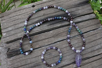 108 Natural Amethyst & Garnet Mala Bead Necklace / Bracelet