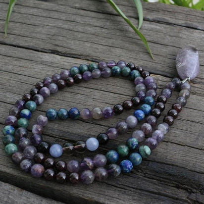 108 Natural Amethyst & Garnet Mala Bead Necklace / Bracelet