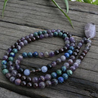 108 Natural Amethyst & Garnet Mala Bead Necklace / Bracelet