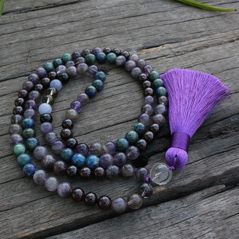 108 Natural Amethyst & Garnet Mala Bead Necklace / Bracelet