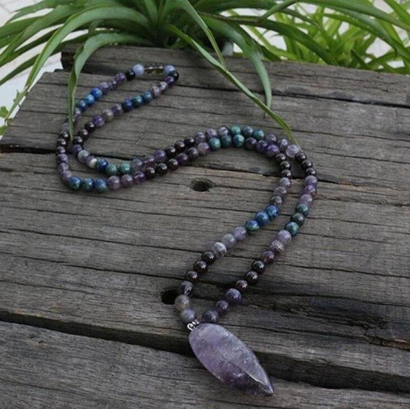 108 Natural Amethyst & Garnet Mala Bead Necklace / Bracelet