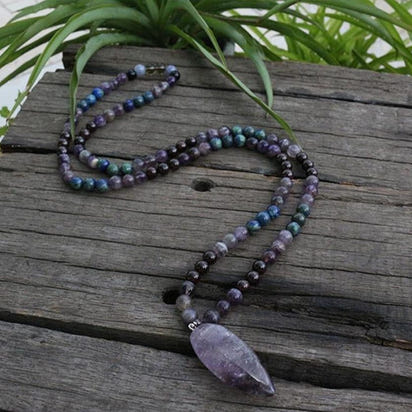 108 Natural Amethyst & Garnet Mala Bead Necklace / Bracelet