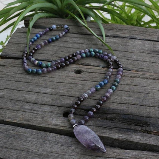 108 Natural Amethyst & Garnet Mala Bead Necklace / Bracelet