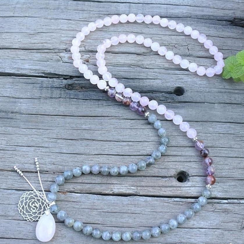 108 Natural Labradorite White Jade and Amethyst Mala Beads Necklace / Bracelet