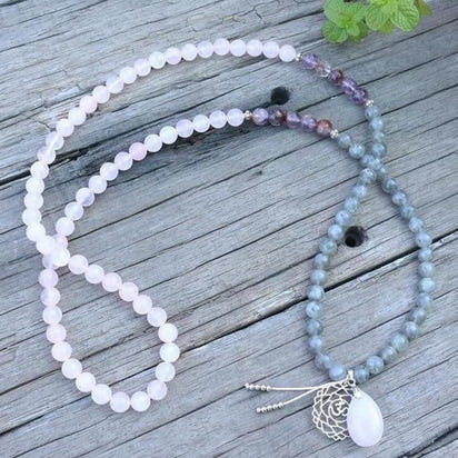 108 Natural Labradorite White Jade and Amethyst Mala Beads Necklace / Bracelet