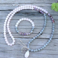 108 Natural Labradorite White Jade and Amethyst Mala Beads Necklace / Bracelet