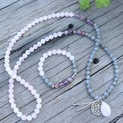 108 Natural Labradorite White Jade and Amethyst Mala Beads Necklace / Bracelet