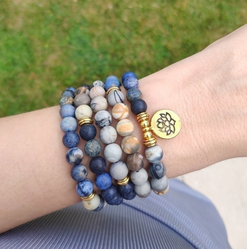 108 Natural Picasso Jasper & Blue Stone Mala Bead Bracelet
