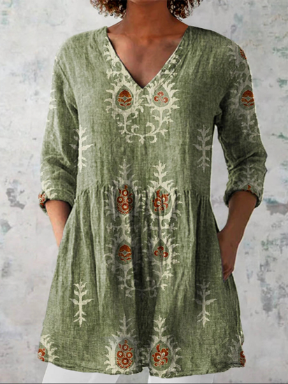 Women's Vintage Ethnic Pattern Art Print Casual Linen V-neck Tunic