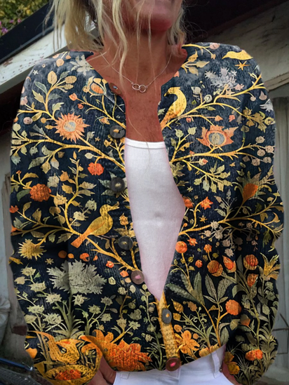 Indian Art Tree Bird Floral Vintage Print Buttoned Cardigan Sweater