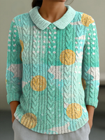 Women's Irregular Color Blocks Print Casual Peter Pan Collar 3/4 Sleeve Sweater