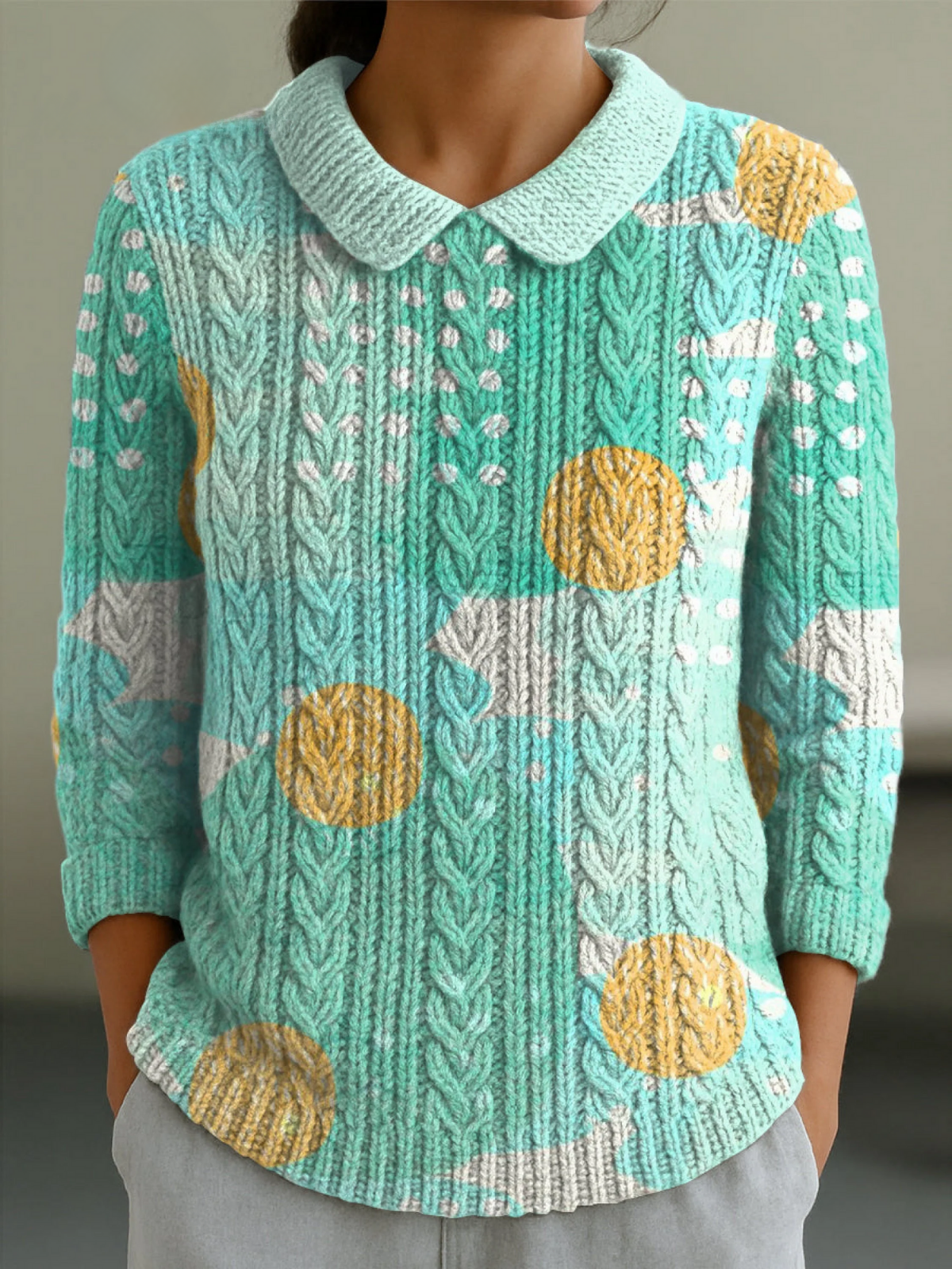 Women's Irregular Color Blocks Print Casual Peter Pan Collar 3/4 Sleeve Sweater