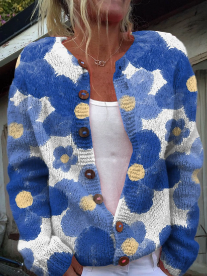 Simple Blue Flower Decorative Pattern Buttoned Cardigan Sweater