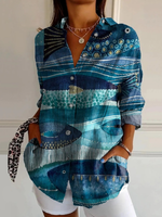 Watercolor Sea Fish Pattern Printed Women's Casual Cotton Shirt