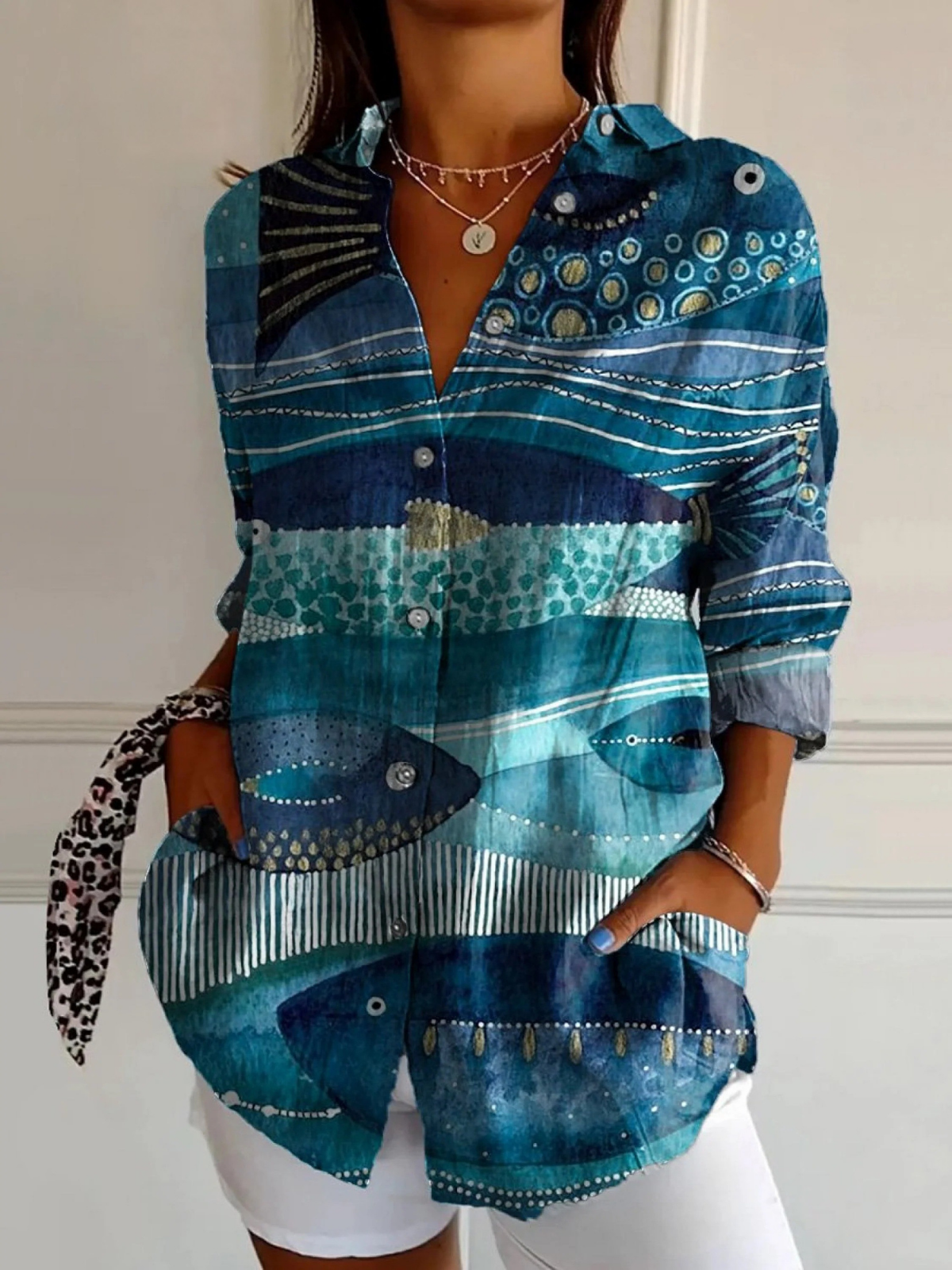Watercolor Sea Fish Pattern Printed Women's Casual Cotton Shirt