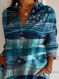 Watercolor Sea Fish Pattern Printed Women's Casual Cotton Shirt