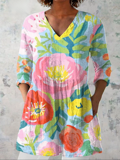 Women's  Floral Art Print Casual Linen V-neck Tunic