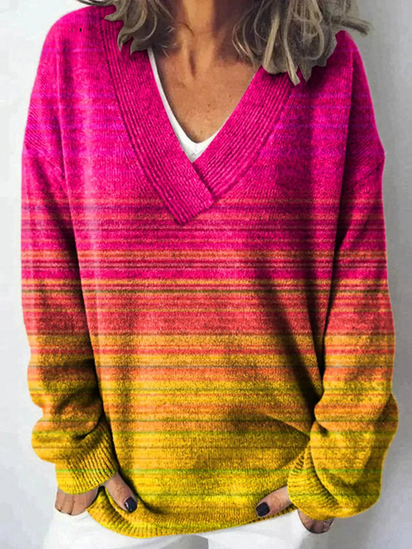 Colorful Ombre Art Printed Knit V-Neck Pullover Sweater
