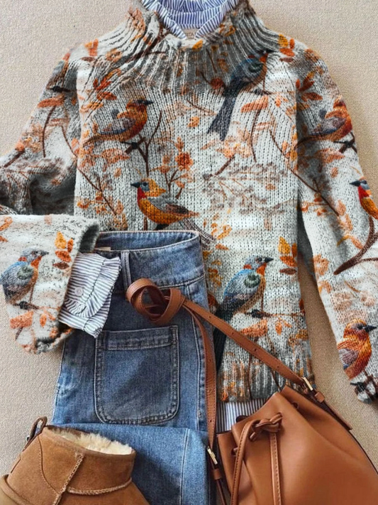 Vintage Lovely Floral Birds Art Print Knit Turtleneck Pullover Sweater