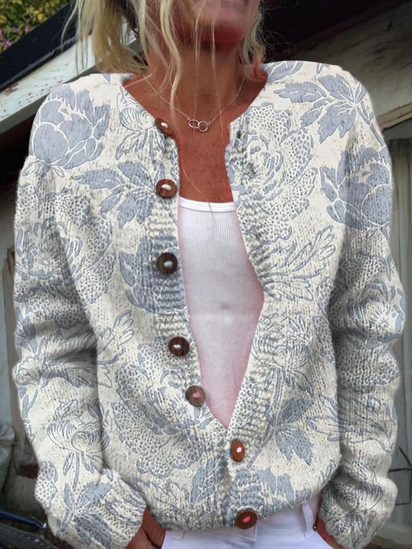 Women's Lovely Floral Art Print Buttoned Cardigan Sweater