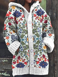 Vintage Floral Embroidery Pattern Cozy Hooded Cardigan