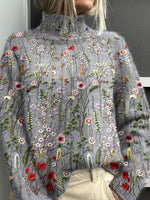 Woman Vintage Cute Floral Art Print Sweater with Turtleneck