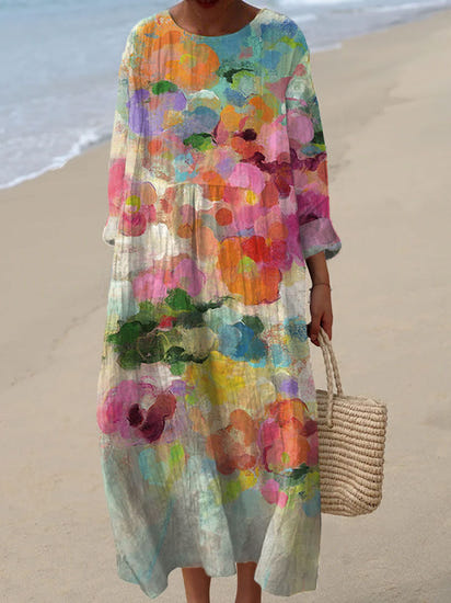 Women's Vintage Flower Art Print Casual Linen Dress