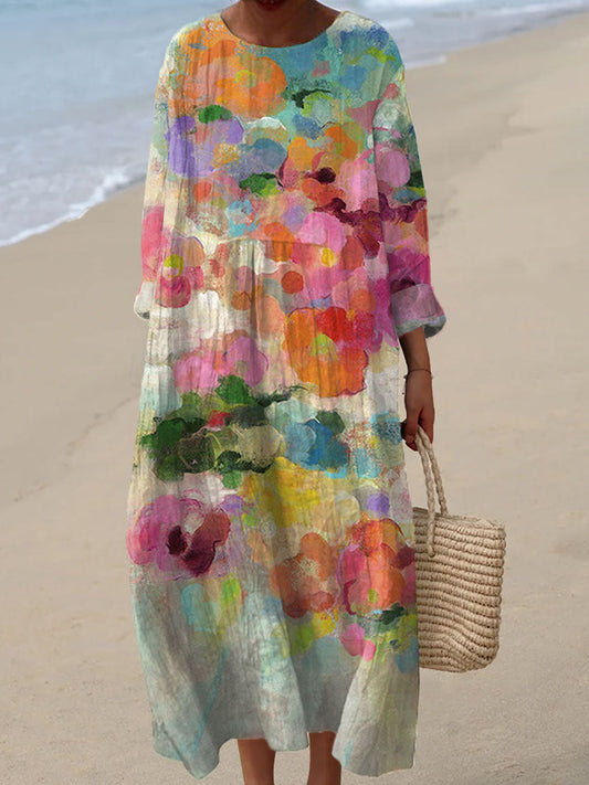 Women's Vintage Flower Art Print Casual Linen Dress