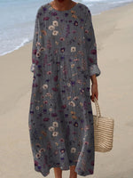 Women's Vintage Flower Art Print Casual Linen Dress