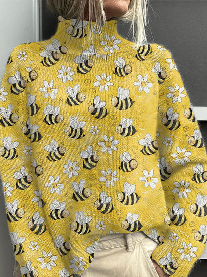Funny Bee Art Print Knit Turtleneck Pullover Sweater