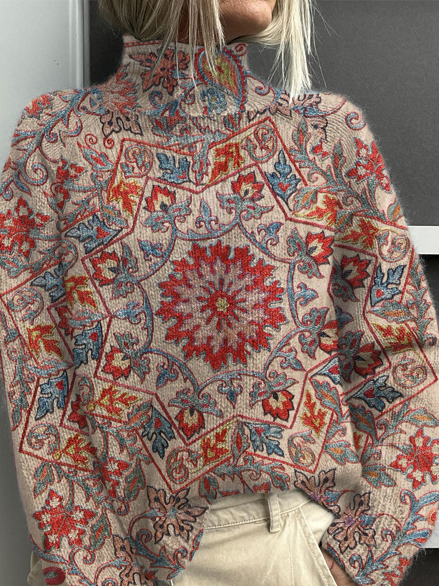 Vintage Floral Symmetry Art Print Knit Turtleneck Pullover Sweater