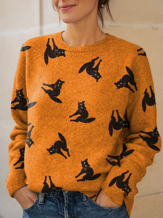 Women's Lovely Halloween Cats Art Print Knit Pullover Sweater