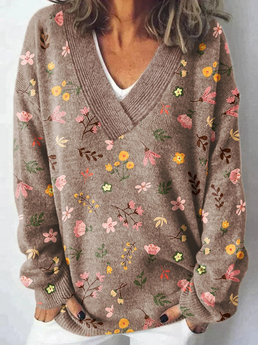 Flower Art Print Knit V-neck Pullover Sweater